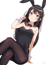 Rule 34 | 10s, 1girl, animal ears, bare shoulders, black bow, black bowtie, black hair, black leotard, black pantyhose, blue eyes, blush, bow, bowtie, breasts, commentary request, crossed arms, crossed legs, detached collar, dutch angle, fake animal ears, feet out of frame, from below, hair ornament, hairclip, highres, invisible chair, leotard, long hair, looking at viewer, medium breasts, mugcup, pantyhose, playboy bunny, purple eyes, rabbit ears, sakurajima mai, seishun buta yarou, sitting, solo, strapless, strapless leotard, white background, wrist cuffs