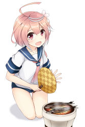 Rule 34 | 10s, 1girl, ahoge, colis (regunm772), collarbone, cooking, hand fan, fish, grill, hair ornament, highres, i-58 (kancolle), kantai collection, kneeling, looking at viewer, open mouth, pink eyes, pink hair, shichirin, short hair, simple background, smile, solo, swimsuit, thigh gap, white background