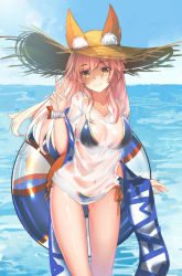 Rule 34 | 1girl, animal ears, bad id, bad pixiv id, bikini, blue bikini, breasts, cleavage, day, dhfz181, ears through headwear, fate/grand order, fate (series), fox ears, fox tail, hair ribbon, hat, highres, large breasts, long hair, looking at viewer, nature, navel, ocean, outdoors, pink hair, ribbon, see-through, solo, swimsuit, tail, tamamo (fate), tamamo no mae (fate/extra), tamamo no mae (swimsuit lancer) (fate), tamamo no mae (swimsuit lancer) (second ascension) (fate), v, wet, wet clothes, yellow eyes
