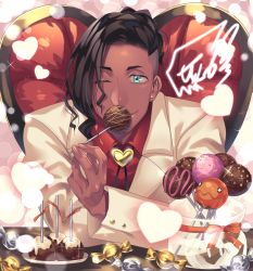 Rule 34 | 1boy, alternate costume, black hair, buttons, candy, candy wrapper, chocolate, closed mouth, collared shirt, creatures (company), dark-skinned male, dark skin, earrings, eyelashes, game freak, gen 3 pokemon, heart, highres, holding, jacket, jewelry, long sleeves, looking at viewer, male focus, mkhr401, nintendo, one eye closed, pokemon, pokemon (creature), pokemon swsh, raihan (pokemon), red shirt, shirt, smile, solo, sparkle, trapinch, undercut, wrapped candy