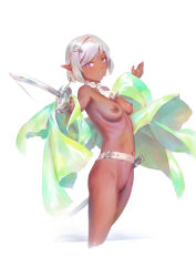 Rule 34 | 1girl, ascot, belt, bigrbear, bottomless, breasts, cleft of venus, cropped legs, dark-skinned female, dark skin, grey hair, hair ornament, highres, holding, holding sword, holding weapon, looking at viewer, medium breasts, navel, nipples, open clothes, open shirt, original, pink eyes, pointy ears, pussy, short hair, solo, sword, uncensored, weapon, white background