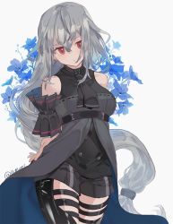 Rule 34 | 1girl, :/, amuri, arknights, armlet, arms behind back, artist name, bare shoulders, belt, big hair, black ribbon, black shirt, commentary request, cowboy shot, dress, flower, flower request, grey dress, grey hair, grey shorts, hair between eyes, hair over shoulder, hair tie, head tilt, high belt, layered dress, legs together, long dress, long hair, neck ribbon, no nose, open clothes, open dress, red eyes, ribbon, shirt, short shorts, shorts, sidelocks, simple background, skadi (arknights), skadi (elite ii) (arknights), sleeveless, solo, standing, stitches, striped clothes, striped ribbon, striped shorts, thigh strap, thighs, two-tone dress, very long hair, wavy hair, white background