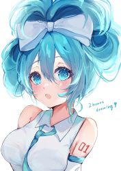 Rule 34 | 1girl, :o, absurdres, bare shoulders, between breasts, blue bow, blue eyes, blue hair, blue necktie, blush, bow, breasts, cinnamiku, collared shirt, detached sleeves, english text, eyelashes, hair bow, hatsune miku, highres, light particles, looking afar, necktie, necktie between breasts, number tattoo, raika (kaidayo), shirt, shoulder tattoo, simple background, solo, sparkling eyes, tattoo, updo, upper body, vocaloid, white background, white shirt