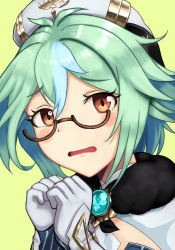 Rule 34 | 1girl, absurdres, blush, brown eyes, genshin impact, glasses, gloves, green hair, hair between eyes, hat, highres, looking at viewer, mixed-language commentary, nervous, open mouth, semi-rimless eyewear, silverchariotx, simple background, solo, sucrose (genshin impact), upper body, vision (genshin impact), white gloves, white hat