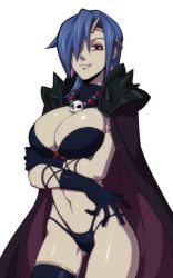 Rule 34 | 1girl, armor, bad id, bad twitter id, bikini, black legwear, blue hair, breast hold, breasts squeezed together, breasts, cape, cleavage, cosplay, crossed arms, female focus, ganno, gloves, jewelry, large breasts, looking at viewer, naga the serpent, navel, necklace, pauldrons, red eyes, revealing clothes, scar, short hair, shoulder armor, skull, skullgirls, slayers, solo, swimsuit, symbol-shaped pupils, valentine (skullgirls), white background