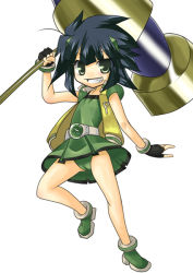 Rule 34 | 00s, 1girl, :d, ankle boots, belt, belt buckle, black gloves, black hair, boots, buckle, cameltoe, dress, fingerless gloves, full body, gloves, green dress, grin, hammer, huge weapon, looking at viewer, matsubara kaoru, open mouth, over shoulder, powered buttercup, powerpuff girls, powerpuff girls z, running, simple background, smile, solo, spiked hair, teeth, weapon, white background