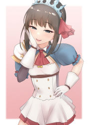 Rule 34 | 1girl, armor, ascot, blue eyes, blush, breasts, brown hair, commentary request, cosplay, dress, fubuki (kancolle), gloves, hand on own hip, hand on own cheek, hand on own face, highres, kantai collection, looking at viewer, parted lips, pecorine (princess connect!), pecorine (princess connect!) (cosplay), princess connect!, puffy short sleeves, puffy sleeves, red ascot, red ribbon, ribbon, sakieko, short sleeves, shoulder armor, simple background, small breasts, solo, tiara, white gloves