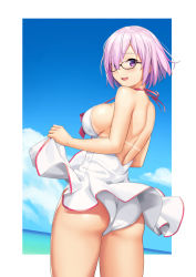 Rule 34 | 1girl, ass, bikini, blush, breasts, clothes lift, cloud, day, fate/grand order, fate (series), glasses, hair over one eye, highres, large breasts, looking at viewer, looking back, mash kyrielight, mash kyrielight (swimsuit of perpetual summer), ocean, official alternate costume, one-piece swimsuit, open mouth, purple eyes, purple hair, sawada yuusuke, short hair, side-tie bikini bottom, sky, smile, solo, swimsuit, swimsuit lift, tan, tanline, white bikini, white one-piece swimsuit