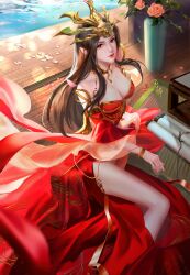 Rule 34 | 1girl, absurdres, bare legs, bracelet, brown hair, cai lin (doupo cangqiong), closed mouth, collar, detached collar, doupo cangqiong, dress, falling petals, from above, highres, jewelry, long hair, metal collar, petals, pointy ears, red dress, red eyes, scroll, sitting, smile, solo, table, tiara, vase, wangliang wang liang, water