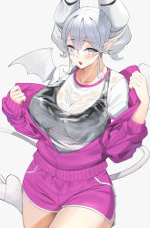 Rule 34 | 1girl, absurdres, blush, breasts, cleavage, demon girl, demon horns, demon wings, duel monster, grey eyes, highres, horns, jacket, large breasts, long sleeves, looking at viewer, lovely labrynth of the silver castle, low wings, open clothes, open jacket, pointy ears, sayaka ikku, shirt, short hair, solo, sports bra, track jacket, twintails, wet, wet clothes, wet shirt, white hair, wings, yu-gi-oh!