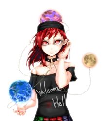 Rule 34 | 1girl, bad id, bad twitter id, bare shoulders, black shirt, chain, closed mouth, clothes writing, collar, earth (ornament), eyelashes, hand up, hecatia lapislazuli, kazesayuru, long hair, looking at viewer, moon (ornament), multicolored clothes, multicolored skirt, nail polish, off-shoulder shirt, off shoulder, red eyes, red hair, red nails, shirt, simple background, skirt, smile, solo, t-shirt, touhou, upper body, white background
