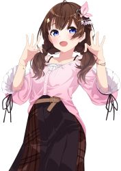 Rule 34 | 1girl, belt, blue eyes, blush, brown hair, brown skirt, camisole, diamond hair ornament, fingernails, frilled camisole, frills, godai 01, hair ornament, hair ribbon, hairclip, highres, hololive, layered skirt, long hair, long skirt, long sleeves, looking at viewer, nail polish, official alternate costume, open mouth, pink nails, pink ribbon, pink shirt, ribbon, shirt, simple background, skirt, smile, solo, star (symbol), star hair ornament, tokino sora, tokino sora (casual), twintails, virtual youtuber, white background, white camisole