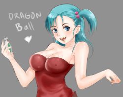 Rule 34 | 1girl, angel pena (angelox), aqua hair, bare arms, bare shoulders, blue eyes, blush, breasts, bulma, cleavage, collarbone, copyright name, dragon ball, dragon ball (classic), dragon radar, grey background, hair bobbles, hair ornament, hands up, heart, highres, holding, large breasts, lips, long hair, looking at viewer, lower teeth only, neck, one side up, open mouth, round teeth, simple background, smile, solo, strapless, teeth, tube top, upper body