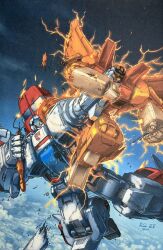 Rule 34 | autobot, blue eyes, clenched hands, clenched teeth, collaboration, comic cover, cover image, damaged, decepticon, don allan figueroa, elaine to, espen grundetjern, fighting, glowing, glowing eye, glowing eyes, highres, jetfire, mecha, no humans, official art, orange eyes, robot, sky, space, starscream, teeth, transformers
