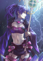 Rule 34 | 1girl, aisha landar, armor, breasts, cave, cleavage, cowboy shot, cross, crystal, elsword, garter straps, holding, holding staff, holding weapon, long hair, long sleeves, looking away, looking to the side, midriff, miniskirt, navel, purple eyes, purple hair, purple skirt, redclow, skirt, solo, staff, twintails, void princess (elsword), weapon, wide sleeves