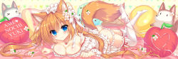 Rule 34 | 1girl, ameto yuki, animal ears, apple, ass, bare shoulders, blue eyes, blush, breasts, brown hair, butt crack, cleavage, flower, food, frilled panties, frills, fruit, hair flower, hair ornament, headdress, highres, ice cream, jewelry, large breasts, long hair, lying, macaron, necklace, on stomach, original, panties, pillow, ribbon, smile, solo, stuffed toy, stuffed wolf, tail, thighhighs, underwear, white panties, white thighhighs, wolf ears, wolf tail