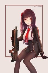 Rule 34 | 1girl, anizi, black gloves, black hair, black pantyhose, breasts, bullpup, character name, closed mouth, commentary, girls&#039; frontline, gloves, gun, hair ribbon, highres, large breasts, long hair, long sleeves, looking at viewer, necktie, one side up, pantyhose, red eyes, red necktie, ribbon, rifle, shirt, simple background, sniper rifle, solo, wa2000 (girls&#039; frontline), walther, walther wa 2000, weapon, white background