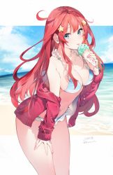 Rule 34 | 1girl, bare shoulders, bikini, bikini under clothes, blue bikini, blue eyes, blue sky, blush, breasts, cleavage, closed mouth, cloud, cloudy sky, collarbone, dated, day, food, go-toubun no hanayome, hair ornament, highres, holding, holding food, hood, hood down, hooded jacket, horizon, ice cream, ice cream cone, jacket, large breasts, leaning forward, long hair, long sleeves, mint chocolate, mint chocolate chip, nakano itsuki, ocean, off shoulder, open clothes, open jacket, red hair, red jacket, sky, sleeves past wrists, solo, star (symbol), star hair ornament, swimsuit, tongue, tongue out, twitter username, umibouzu (niito), very long hair, water