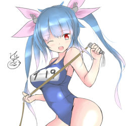 Rule 34 | 10s, 1girl, bad id, bad pixiv id, blue hair, fang, hair ribbon, i-19 (kancolle), jotarozaku, kantai collection, long hair, name tag, one-piece swimsuit, one eye closed, red eyes, ribbon, school swimsuit, solo, star-shaped pupils, star (symbol), swimsuit, symbol-shaped pupils, twintails, whip