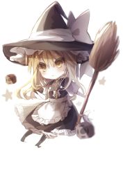 Rule 34 | 1girl, apron, blonde hair, bloom, bow, broom, chibi, full body, hat, hat bow, highres, kirisame marisa, long hair, looking at viewer, puffy sleeves, shiba 0007, simple background, solo, star (symbol), touhou, waist apron, white background, witch hat, yellow eyes
