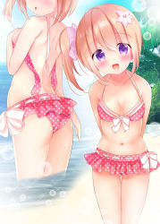 Rule 34 | 1girl, :d, arms behind back, bare shoulders, beach, bikini, blue sky, blush, bow, bow bikini, breasts, cleavage, collarbone, commentary request, day, flower, gochuumon wa usagi desu ka?, hair between eyes, hair bow, hair flower, hair ornament, head out of frame, head tilt, horizon, hoto cocoa, light brown hair, looking at viewer, medium breasts, multiple views, navel, ocean, open mouth, outdoors, palm tree, parted lips, pink bikini, polka dot, polka dot bikini, purple eyes, ribbon-trimmed bikini, ribbon trim, rikatan, sand, side ponytail, sky, smile, sunlight, swimsuit, tree, wading, water, white bow, white flower