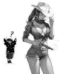 Rule 34 | 2girls, ?, blush, breasts, commentary, cowboy hat, cowgirl outfit, cutoffs, elezen, elf, english commentary, final fantasy, final fantasy xiv, greyscale, gun, hand on headwear, hat, hat tip, hilda ware, holding, holding gun, holding weapon, hyur, jamjamstyle, lalafell, large breasts, long hair, looking at viewer, midriff, monochrome, multiple girls, navel, no bra, pointy ears, ponytail, shirt, short shorts, shorts, smoke, smoking gun, tataru taru, tied shirt, weapon