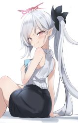 Rule 34 | 1girl, absurdres, alternate costume, ass, bare shoulders, black flower, black skirt, blue archive, blush, breasts, flower, from behind, grey hair, hair flower, hair ornament, halo, highres, long hair, looking at viewer, looking back, mamezou (tzakki023), miniskirt, mutsuki (blue archive), pointy ears, red eyes, shirt, side ponytail, simple background, sitting, skirt, sleeveless, sleeveless shirt, small breasts, smile, solo, very long hair, white background, white shirt