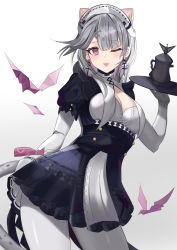 Rule 34 | 1girl, absurdres, animal ears, arknights, breasts, cat ears, cat tail, cleavage, cleavage cutout, clothing cutout, earrings, gloves, gradient background, grey hair, highres, jewelry, kazemaru (arknights), kazemaru (like illusion) (arknights), long hair, looking at viewer, maid headdress, medium breasts, okome (okome), one eye closed, origami, purple eyes, solo, tail, tongue, tongue out, tray, white gloves
