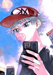 Rule 34 | 1boy, black shirt, blowing bubbles, blue eyes, cellphone, chewing gum, commentary, hat, highres, holding, holding phone, hunter x hunter, killua zoldyck, male focus, outdoors, phone, red hat, shenshan laolin, shirt, short hair, smartphone, solo, symbol-only commentary, white hair