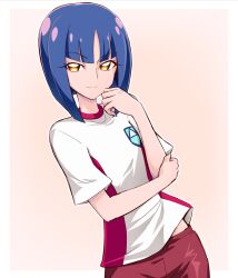 Rule 34 | 1girl, blue hair, bob cut, closed mouth, commentary, gym shirt, gym shorts, gym uniform, half-closed eyes, hand on own arm, highres, looking at viewer, midriff peek, precure, red shorts, shiratori yuriko, shirt, short hair, short sleeves, shorts, smile, solo, standing, t-shirt, tropical-rouge! precure, usoco, yellow eyes