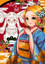 Rule 34 | 1girl, armor, blue flower, blue kimono, egasumi, floral print, flower, green eyes, hair flower, hair ornament, happy new year, highres, japanese armor, japanese clothes, kimono, long sleeves, looking at viewer, mi9clous, new year, nintendo, obi, own hands clasped, own hands together, parted bangs, pointy ears, princess zelda, sash, short hair, shoulder armor, silent princess, smile, sode, solo, the legend of zelda, the legend of zelda: breath of the wild, thick eyebrows, twitter username, upper body, wide sleeves
