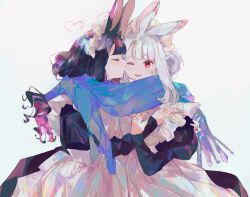 Rule 34 | 2girls, ;d, albino, animal ear fluff, animal ears, apron, black dress, black hair, blunt bangs, blush, closed eyes, closed mouth, colored inner hair, commentary, cowboy shot, curly hair, dress, enpera, grey hair, hands on another&#039;s shoulders, heart, highres, jamu (yakinikuoi4), juliet sleeves, kiss, kissing cheek, long sleeves, maid, maid apron, maid headdress, multicolored hair, multiple girls, one eye closed, open mouth, original, pink hair, profile, puffy sleeves, purple hair, rabbit ears, rabbit girl, red eyes, scarf, simple background, smile, white apron, white background, yuri