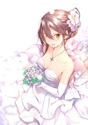 Rule 34 | 1girl, alternate hairstyle, bare shoulders, blush, bouquet, breasts, bridal gauntlets, chrysanthemum, cleavage, collarbone, dress, earrings, elbow gloves, flower, from above, gloves, grey hair, hair ornament, hairclip, haruna (kancolle), highres, jewelry, kantai collection, kyougoku touya, looking at viewer, medium breasts, parted lips, sidelocks, smile, solo, strapless, strapless dress, wedding dress, white dress, white gloves