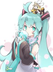 Rule 34 | 2girls, akino coto, aqua eyes, aqua hair, aqua nails, aqua necktie, arm support, bare shoulders, black collar, black shorts, black sleeves, blonde hair, bow, character name, collar, commentary, cup, detached sleeves, drinking, grey shirt, hair bow, hair ornament, hairclip, hatsune miku, head rest, headphones, holding, holding cup, kagamine rin, leg up, leg warmers, long hair, looking at viewer, mini person, minigirl, multiple girls, nail polish, neckerchief, necktie, open mouth, sailor collar, school uniform, shirt, short hair, shorts, shoulder tattoo, sitting, sitting on head, sitting on person, sleeveless, sleeveless shirt, smile, spring onion, swept bangs, symbol-only commentary, tattoo, twintails, upper body, very long hair, vocaloid, white background, white bow, white shirt, yellow neckwear