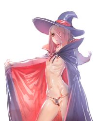 Rule 34 | 10s, 1girl, bow (bhp), breasts, cape, cowboy shot, flat chest, hair over one eye, hat, little witch academia, long hair, navel, nipples, no breasts, outstretched arm, petite, purple hair, red eyes, ribs, shiny skin, simple background, skinny, small breasts, solo, sucy manbavaran, topless, white background, witch, witch hat