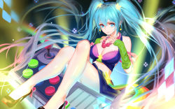 Rule 34 | 1girl, arcade sona, bare shoulders, bead necklace, beads, blue eyes, blue hair, breasts, bustier, cleavage, crossed legs, detached sleeves, earrings, gradient hair, hair ornament, high heels, highres, instrument, jewelry, keyboard (instrument), large breasts, league of legends, legs, long hair, looking at viewer, midriff, miniskirt, multicolored hair, nail polish, necklace, pink hair, qidai, ribbed sleeves, sitting, skirt, sleeves past wrists, solo, sona (league of legends), star (symbol), star earrings, star hair ornament, twintails, very long hair