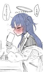 Rule 34 | 1girl, absurdres, anger vein, black jacket, blazer, blue archive, blush, check translation, closed eyes, cup, desk, embarrassed, from side, frown, full-face blush, greyscale, halo, hand up, highres, holding, holding cup, holding pen, jacket, jacket partially removed, ki no nekko, long hair, long sleeves, messy hair, monochrome, paper, pen, profile, puffy long sleeves, puffy sleeves, purple hair, short twintails, sketch, solo, speech bubble, spoken anger vein, spot color, steam, sweat, translation request, twintails, upper body, white background, yuuka (blue archive)
