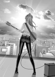 Rule 34 | 1girl, amplifier, back, boots, cloud, cloudy sky, commentary, denim, english commentary, facing away, guitar, highres, instrument, jeans, knee boots, leo queval, light rays, long hair, midriff, monochrome, music, original, pants, playing instrument, ponytail, rooftop, sky, sunlight, wind