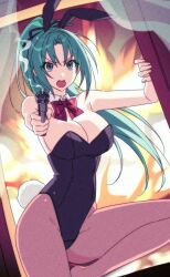 Rule 34 | 1girl, aiming, aiming at viewer, animal ears, black leotard, bow, bowtie, breasts, brown pantyhose, cleavage, commentary request, detached collar, fake animal ears, feet out of frame, fire, green eyes, green hair, gun, handgun, highres, higurashi no naku koro ni, korean commentary, large breasts, leotard, long hair, nonanonnon6u6, open mouth, pantyhose, playboy bunny, ponytail, rabbit ears, rabbit tail, red bow, red bowtie, revolver, round teeth, solo, sonozaki mion, strapless, strapless leotard, tail, teeth, upper teeth only, weapon, wrist cuffs