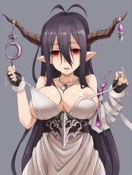 Rule 34 | 10s, 1girl, areola slip, black hair, breasts, danua, draph, empty eyes, female focus, fingerless gloves, gloves, granblue fantasy, hair between eyes, horns, jewelry, kosuke (bb), large breasts, long hair, looking at viewer, necklace, pointy ears, red eyes, solo
