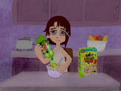 Rule 34 | 1girl, apple, banana, cate wurtz, cereal, food, fruit, fruit bowl, highres, iwakura lain, kitchen, mountain dew, product placement, pun, serial experiments lain, soda, solo, toaster