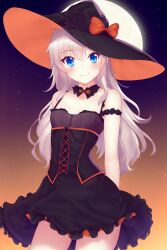 Rule 34 | 1girl, alternate costume, arm at side, bare shoulders, black collar, black dress, black hat, blue eyes, blush, bow, bowtie, breasts, charlotte (anime), closed mouth, collar, collarbone, commentary, cowboy shot, dress, english commentary, eyelashes, eyes visible through hair, frilled dress, frills, full moon, gradient background, grey hair, hair between eyes, halloween, happy, hat, hat bow, highres, long hair, looking at viewer, moon, night, orange background, orange bow, orange bowtie, purple background, short dress, sidelocks, simple background, sleeveless, sleeveless dress, small breasts, smile, solo, standing, tomori nao, tomorinaosuki, wavy hair, witch hat