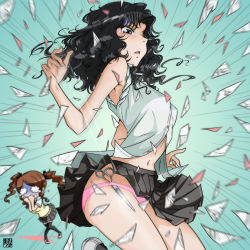 Rule 34 | 2girls, amagami, bad id, bad pixiv id, black hair, blurry, broken glass, brown hair, depth of field, glass, hair over one eye, multiple girls, nakata sae, nazo no kanojo x, object in clothes, object in panties, open mouth, osomatu-sama, panties, parody, pink panties, pleated skirt, scissors, skirt, tanamachi kaoru, twintails, underwear