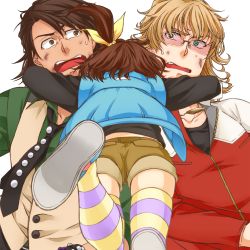 Rule 34 | 10s, 1girl, 2boys, age difference, bad id, bad pixiv id, barnaby brooks jr., blonde hair, bow, bracelet, brown eyes, brown hair, facial hair, father and daughter, glasses, glomp, green eyes, hair bow, hitachi, hug, jacket, jewelry, kaburagi kaede, kaburagi t. kotetsu, male focus, multiple boys, necklace, necktie, red jacket, short hair, shorts, side ponytail, simple background, striped clothes, striped thighhighs, stubble, surprised, thighhighs, tiger &amp; bunny, upper body, vest, waistcoat, watch, white background, wristwatch
