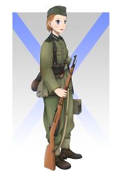 Rule 34 | 1girl, absurdres, ammunition box, ammunition pouch, belt pouch, blue background, blush, bolt action, breast pocket, brown footwear, buttons, canteen, cleaning rod, cockade, collar tabs, collared jacket, commentary, cross-laced footwear, cross background, explosive, flag background, from side, full body, garrison cap, green hat, green jacket, green pants, grenade, gun, gun sling, hair behind ear, hat, highres, holding, holding gun, holding weapon, jacket, long sleeves, looking ahead, mardjan, military, military hat, military jacket, military uniform, mosin-nagant, multicolored background, orange hair, original, pants, pocket, pouch, reichsadler, rifle, russia, russian liberation army, saltire, shoes, short hair, soldier, solo, st. andrew&#039;s flag, stick grenade, stielhandgranate, uniform, weapon, white background, world war ii
