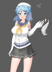 Rule 34 | 1girl, absurdres, blue eyes, blue hair, breasts, double bun, elbow gloves, gloves, grey background, hair bun, hat, highres, kantai collection, large breasts, maru (marg0613), medium breasts, neckerchief, one-hour drawing challenge, pleated skirt, sailor hat, school uniform, serafuku, simple background, skirt, sleeves rolled up, solo, standing, tentacles, urakaze (kancolle), white gloves, white hat, yellow neckerchief