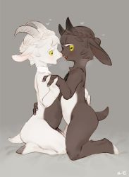 Rule 34 | 2others, androgynous, animal ears, arm around waist, artist name, bebebe, bed sheet, black hair, black neckwear, blush, braid, breath, eye contact, from side, full body, furry, goat ears, goat tail, green eyes, grey background, hand up, heart, holding hands, horns, kneeling, looking at another, multiple others, nude, open mouth, original, short hair, signature, simple background, sitting, tail, teeth, white hair, white neckwear