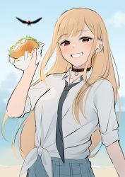 Rule 34 | 1girl, artist name, black choker, blonde hair, blue skirt, blurry, blurry background, burger, choker, commentary, day, ear piercing, english commentary, food, food on face, grin, highres, holding, holding food, kitagawa marin, long hair, looking at viewer, necktie, outdoors, piercing, red eyes, sasoura, shirt, sketch, skirt, sleeves rolled up, smile, solo, sono bisque doll wa koi wo suru, tied shirt, very long hair, white shirt