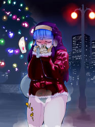 Rule 34 | 1girl, alternate costume, anamochi, blue buruma, blue hair, blunt bangs, blush, breath, building, buruma, christmas, christmas tree, closed eyes, cold, covering own mouth, cowboy shot, embarrassed, female focus, fur-trimmed jacket, fur-trimmed sleeves, fur trim, gloves, habit, hands up, highres, holding, jacket, japanese text, kula diamond, lamppost, long sleeves, night, night sky, nose blush, outdoors, own hands together, pee, peeing, peeing self, sack, sky, skyscraper, solo, speech bubble, standing, steam, tears, the king of fighters, translation request, tree, wet, wet clothes