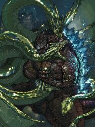 Rule 34 | absurdres, alien, biting, building, city, dinosaur, dragon, embers, extra tails, fighting, giant, giant monster, glowing, glowing spikes, godzilla, godzilla: king of the monsters, godzilla (series), highres, horns, hydra, kaijuu, king ghidorah, legendary pictures, monster, monsterverse, multiple heads, night, no humans, sea monster, sharp teeth, skyscraper, space monster, spikes, tail, teeth, toho, tongue, wings, yamanushi